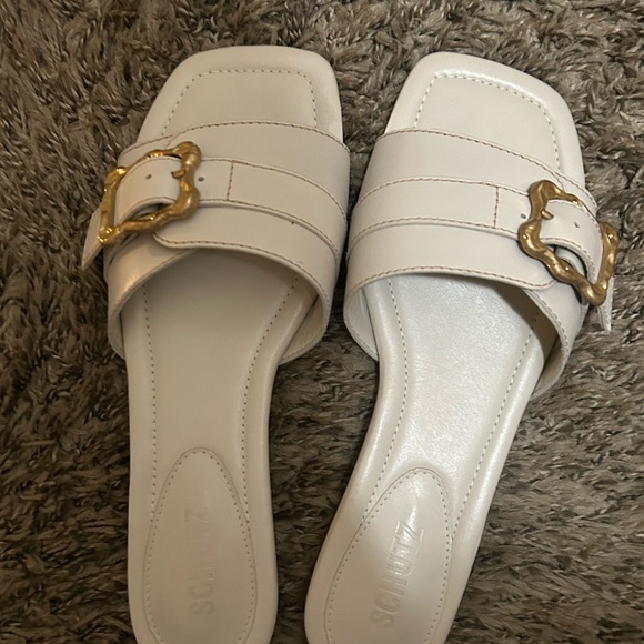 SCHUTZ Shoes - SCHUTZ White Sandals with Gold Accent